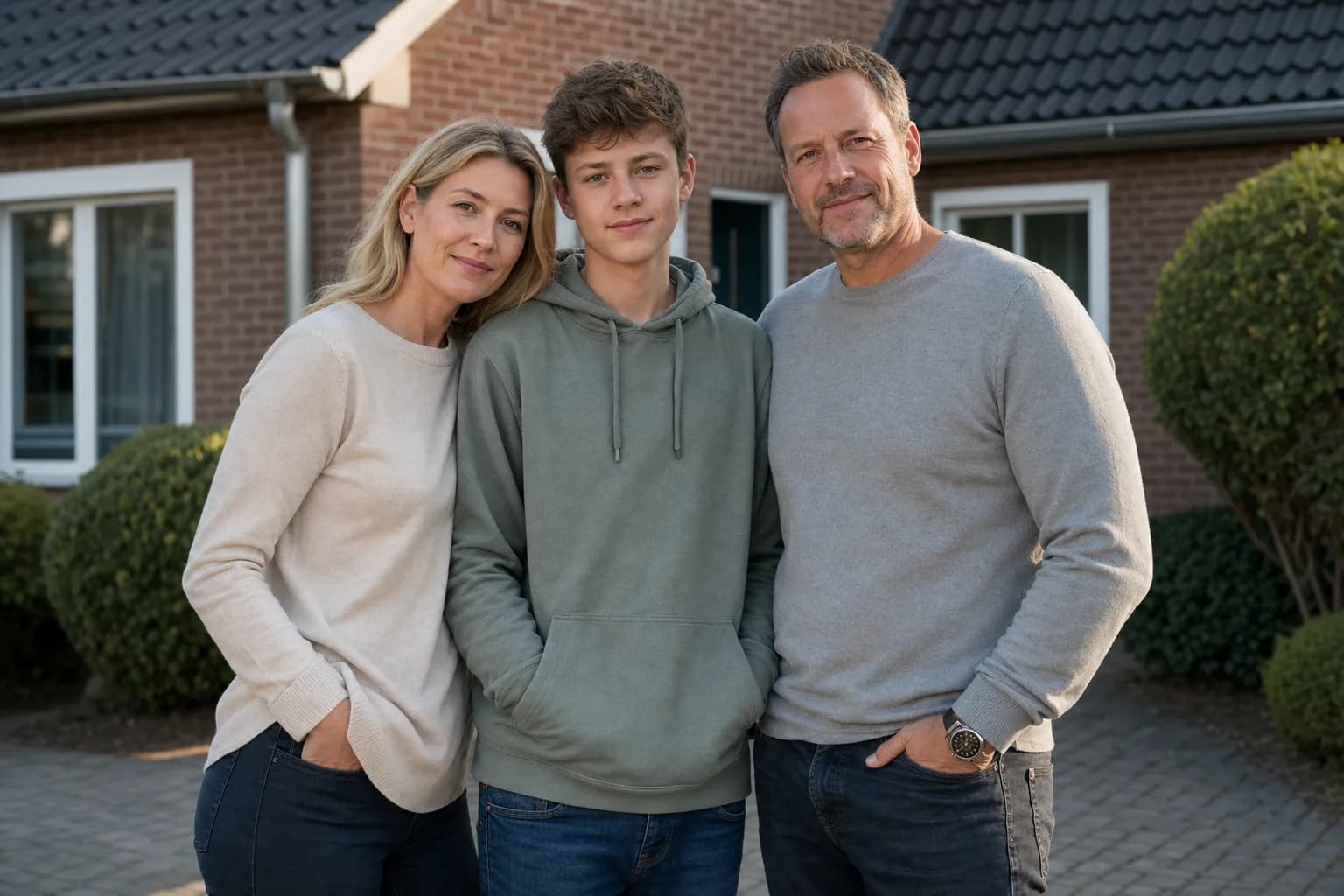 Familie vor ihrem Wohnhaus — Privatkunden im Wohnbereich